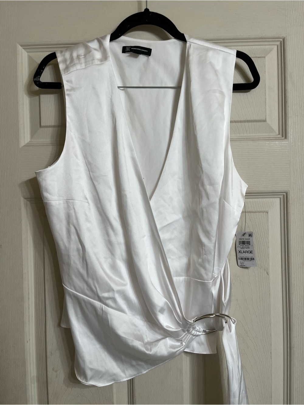 INC International Concepts White Satin Wrap Blouse Ring Pleated Tie SleevelessXL